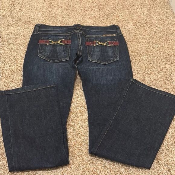 Frankie B. Blue and Red Downtown Designer Jeans w/ Embroidery & Buckle Hardware - Picture 3 of 4
